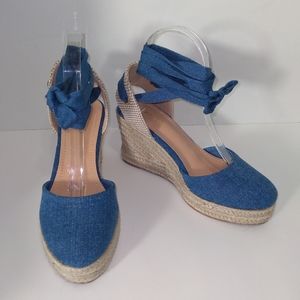 BAMBOO Denim Blue Ankle Tie Up Espadrille Wedges Host Pick